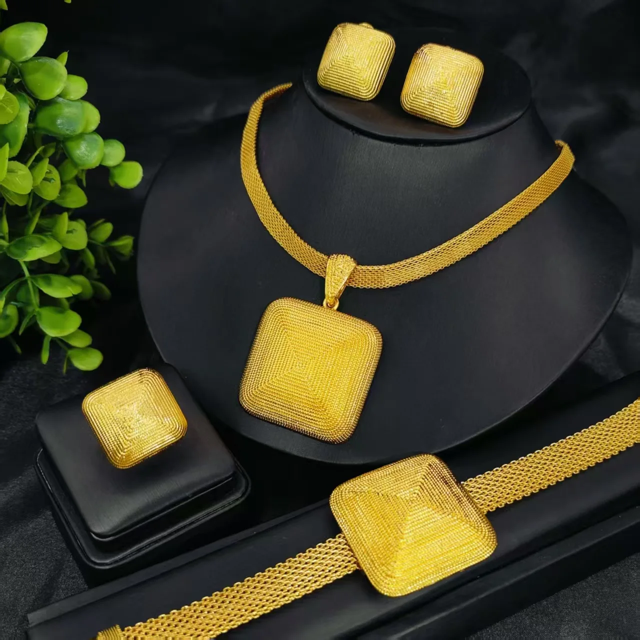 Cube Sugar Necklace Earrings Ring Bracelet 4Pcs Set For Women 24K Gold AU999 exquisite matching jewelry for daily outfits