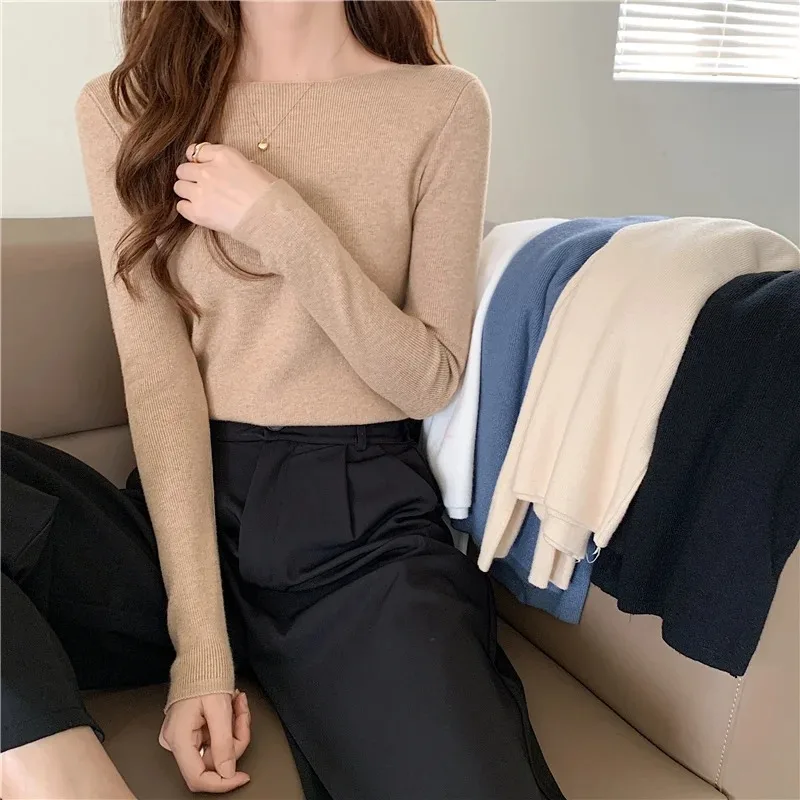 

knit soft jumper tops 2024 New Autumn Winter Tops Slash-Neck Pullovers Sweaters shirt long sleeve Korean Slim-fit tight sweater