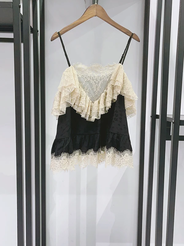 

Summer 2026 Sweet Spicy Fashionable Layered Lace Embroidery Patchwork Ruffle Trim Women's Top Strap Design Short Length