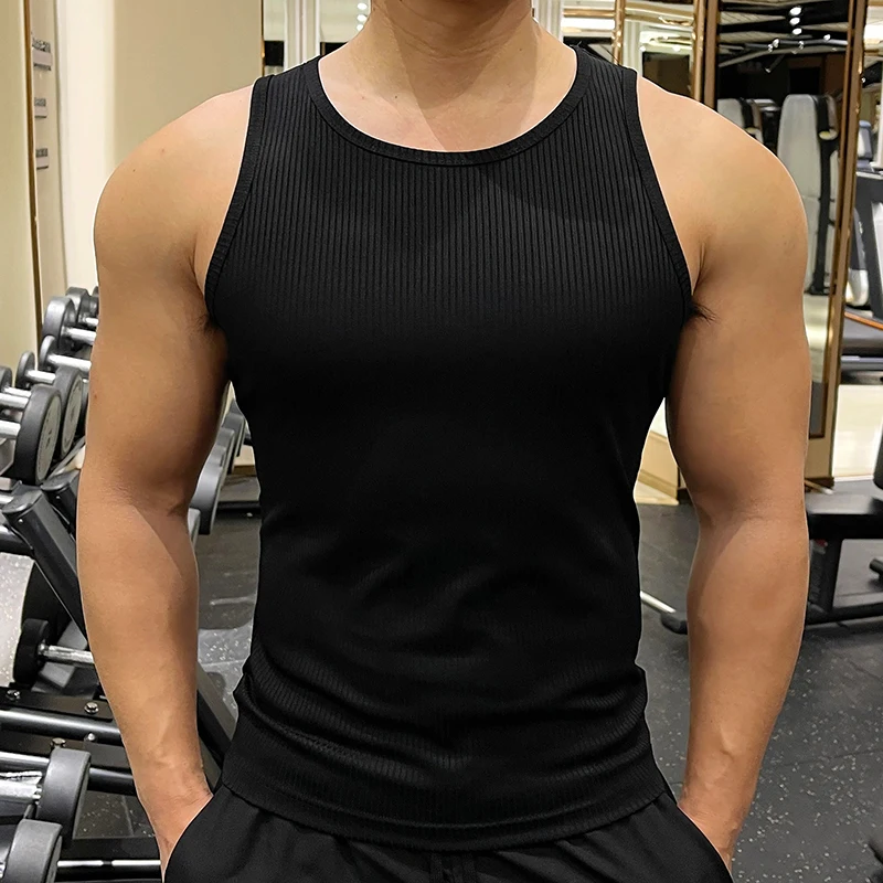 Men\'s Ribbed Knit Tank Tops Casual Solid Vests Sport Fitness Gym Fashion Skinny Ribber Tanktop Slim Knitted Vest 2023 Summer