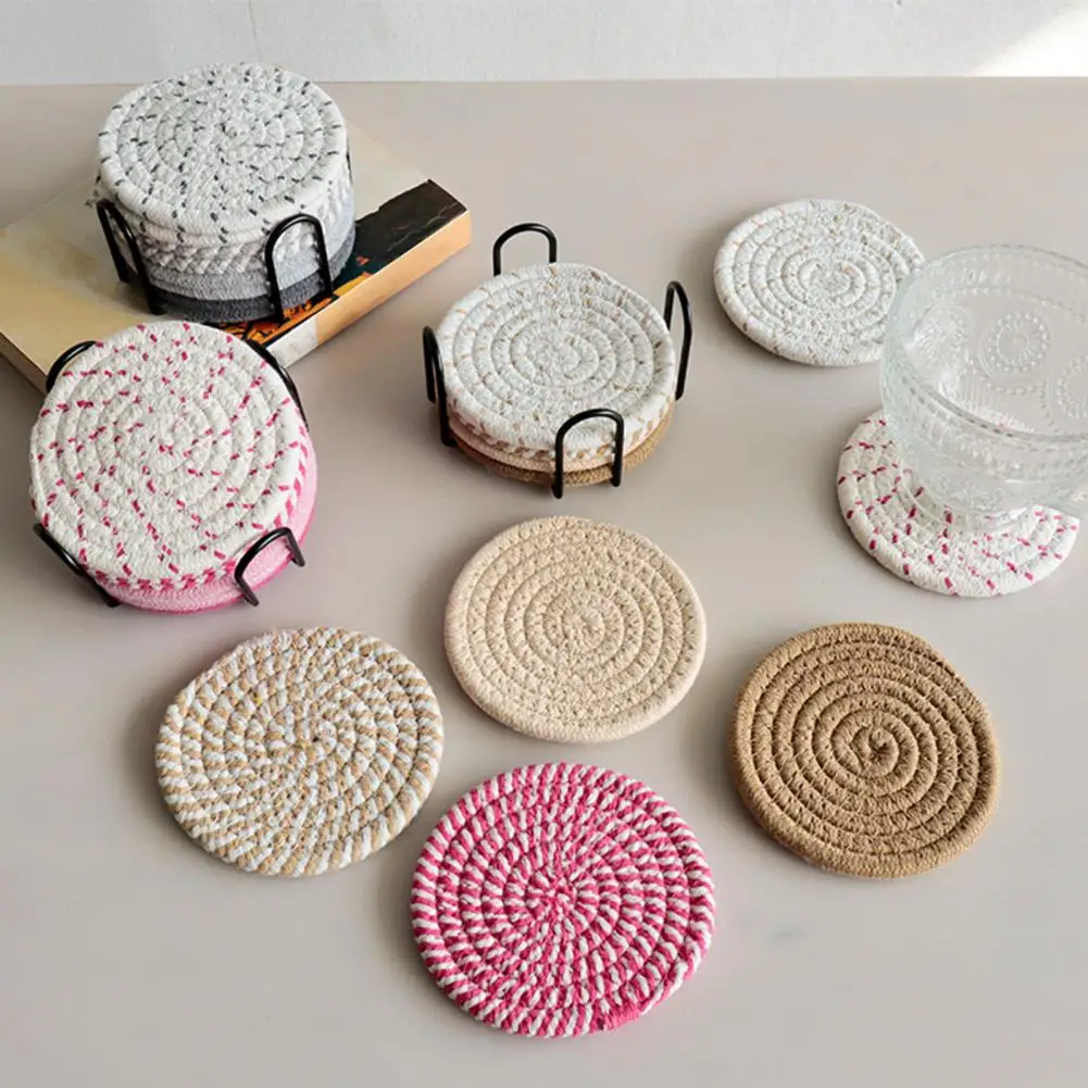 

8Pcs Cotton Rope Coaster Mug Mat with Stand Heat Resistant Non Slip Table Protector Reusable Rustic Kitchen Dining Decor for Hom