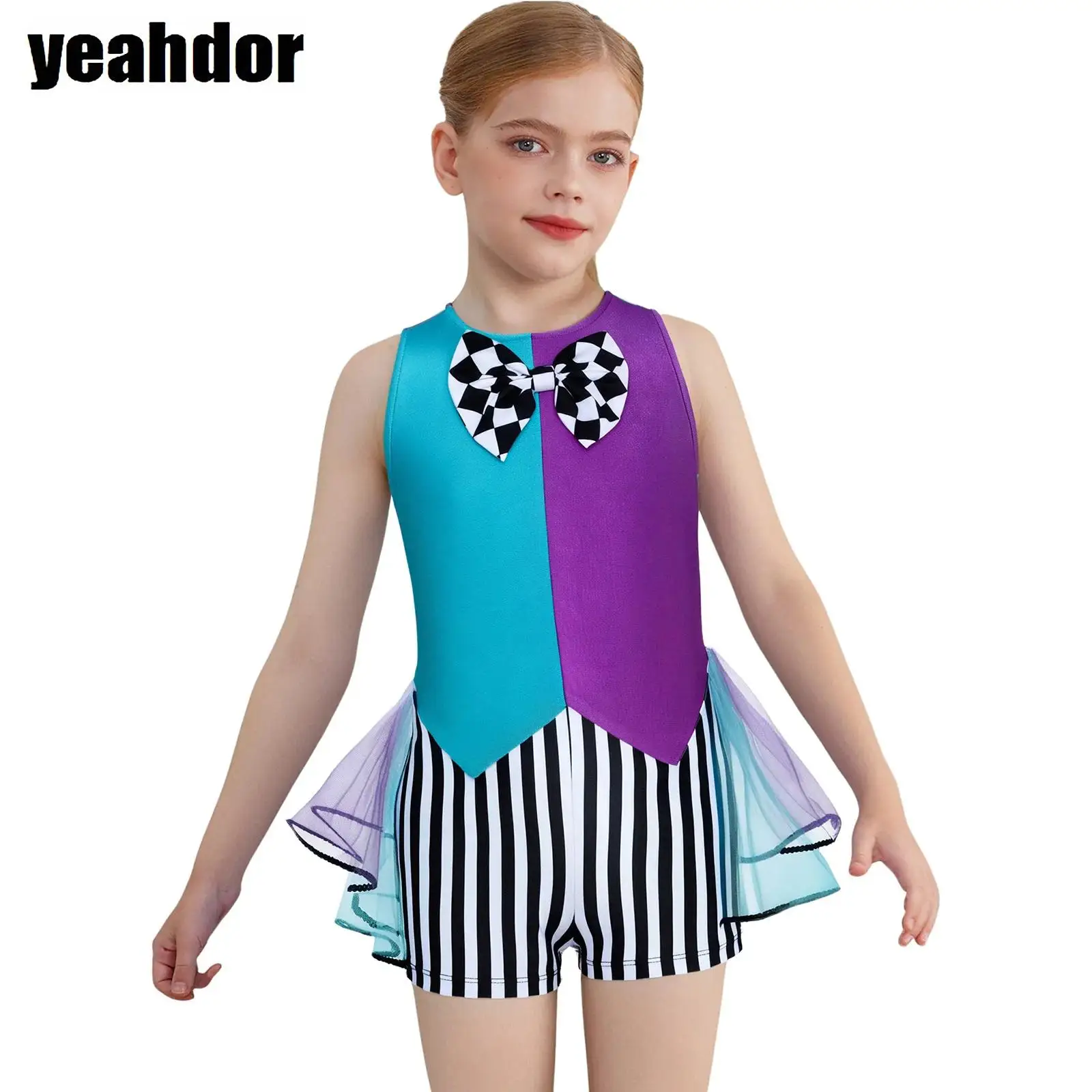 

Girls Mad Hatter Costume Fairytale Tea Party Dress Sleeveless Stripes Checkerboard Tutu Bodysuit Halloween Ringmaster Dress Up