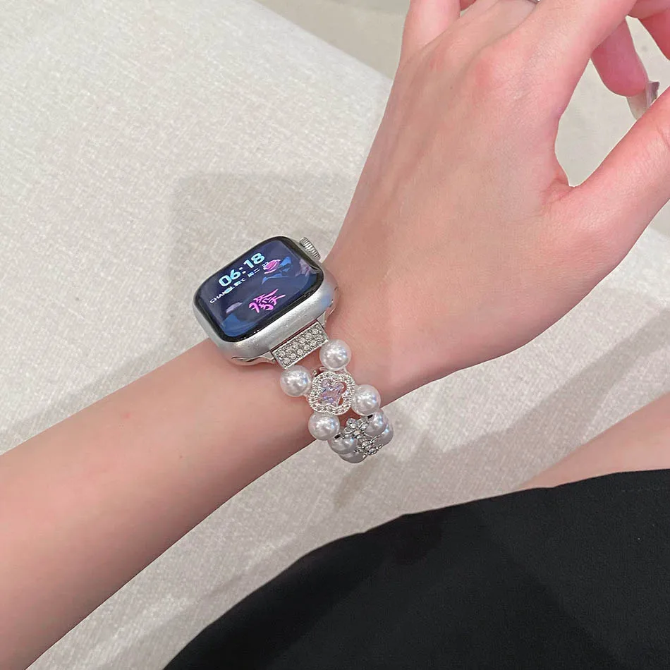 Pearl Four-leaf Clover Zircon Strap for Apple Watch Band Series 10 9 8 7 6 SE 5 4 Ultra iwatch 46mm 42mm 38-49mm Women Bracelet