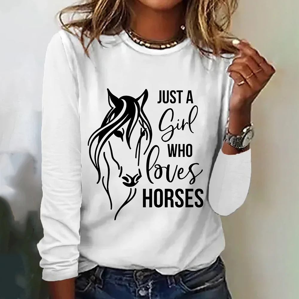 Horse Sketch Pattern Women's T-shirts Designer Fashion Long Sleeves T shirt Autumn Trend New O-neck Tops Casual Loose Pullover