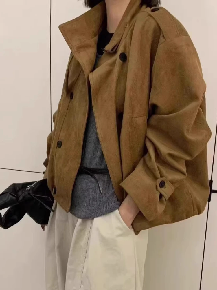Chic Stand Collar Suede Trench Coat Women Spring Autumn Double-Breasted Cropped Jacket Camel Brown Faux Suede Oversized Coat