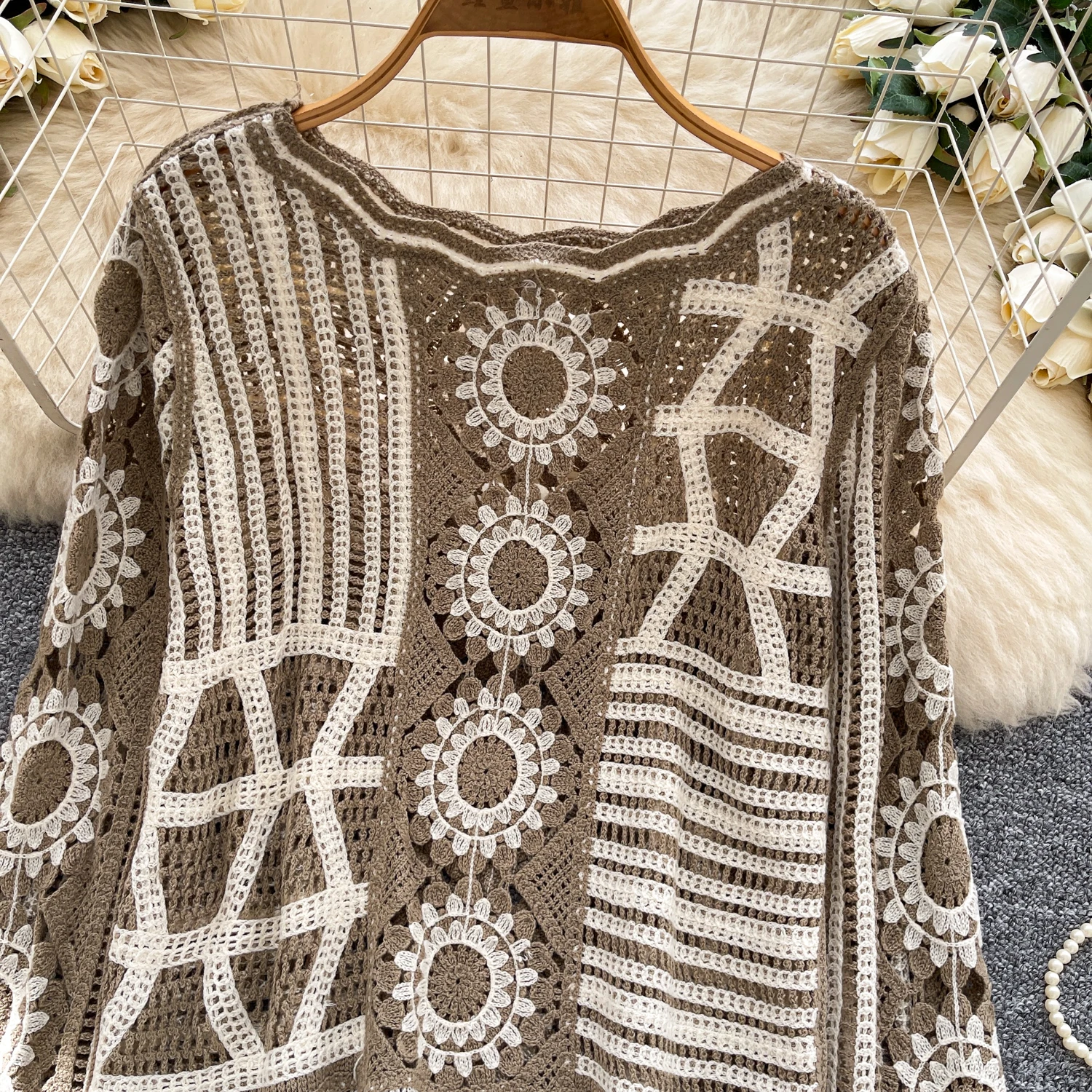 เสื้อไหมพรมถักโครเชต์แบบโปร่ง สไตล์อ่อนโยน ทรงเข้ารูป ใส่สบายๆ สีน้ำเงินวินเทจ สำหรับฤดูใบไม้ร่วงและฤดูหนาว