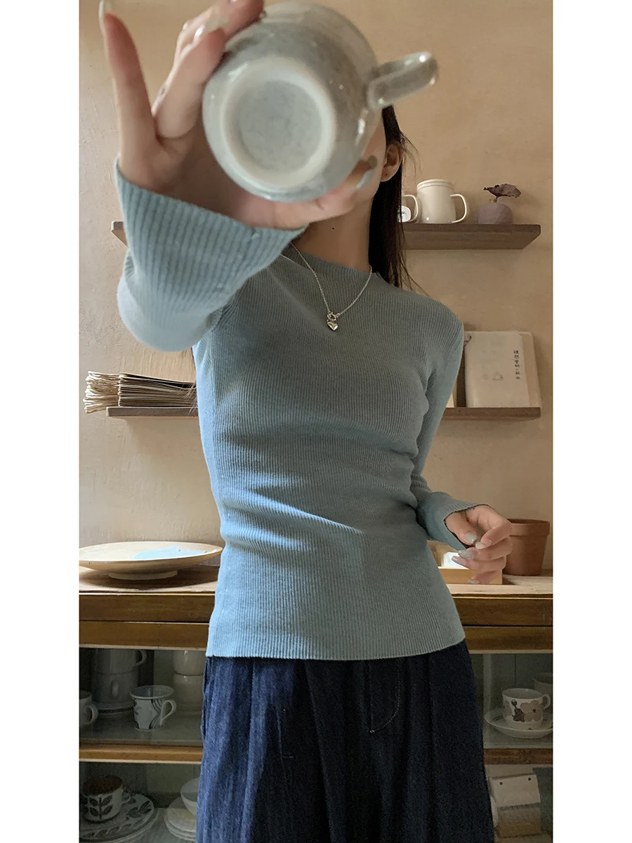 سترة محبوكة زرقاء بأكمام طويلة للنساء، تصميم عصري جديد للخريف، مريحة بأسلوب كسول، طبقة أساسية بأسلوب G