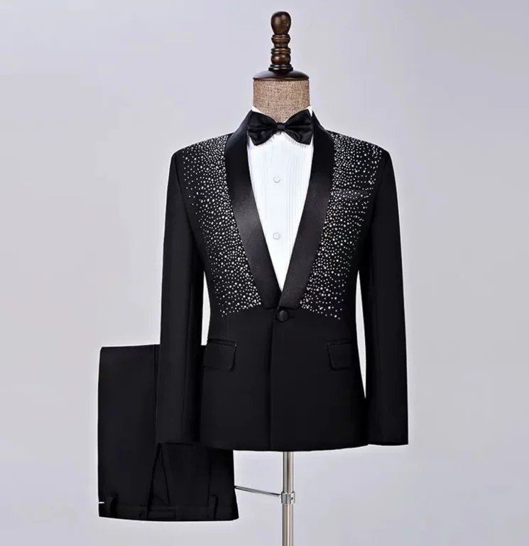 

Men's Host Suit with Rhinestones Blazer Pants Formal Suits Black Shawl Collar Slim Male Singer Wedding Banquet Prom 2 Pieces Set