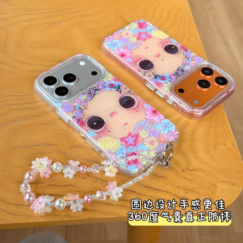 Kawaii Flower Girl Painting Phone Case For iPhone 17 Pro 16 15 14 Pro Max Cover with Chain Strap Shockproof Protective Cases Cov