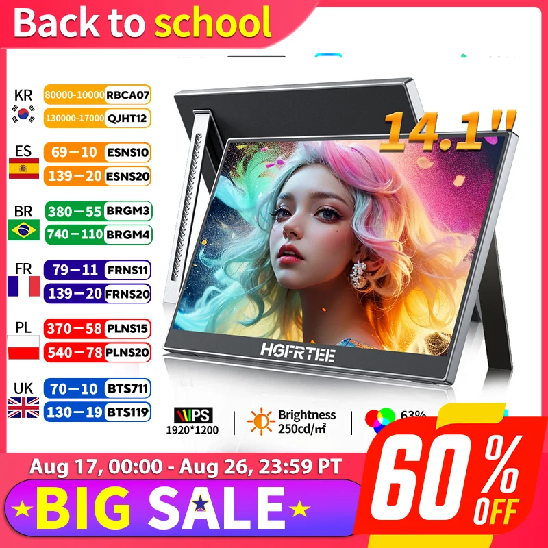 HGFRTEE 14,1-Zoll-tragbarer Monitor 1200P Full HD zweiter Bildschirm für Laptop mit Ständer und USB-C-Konnektivität für PS5 Xbox Switch