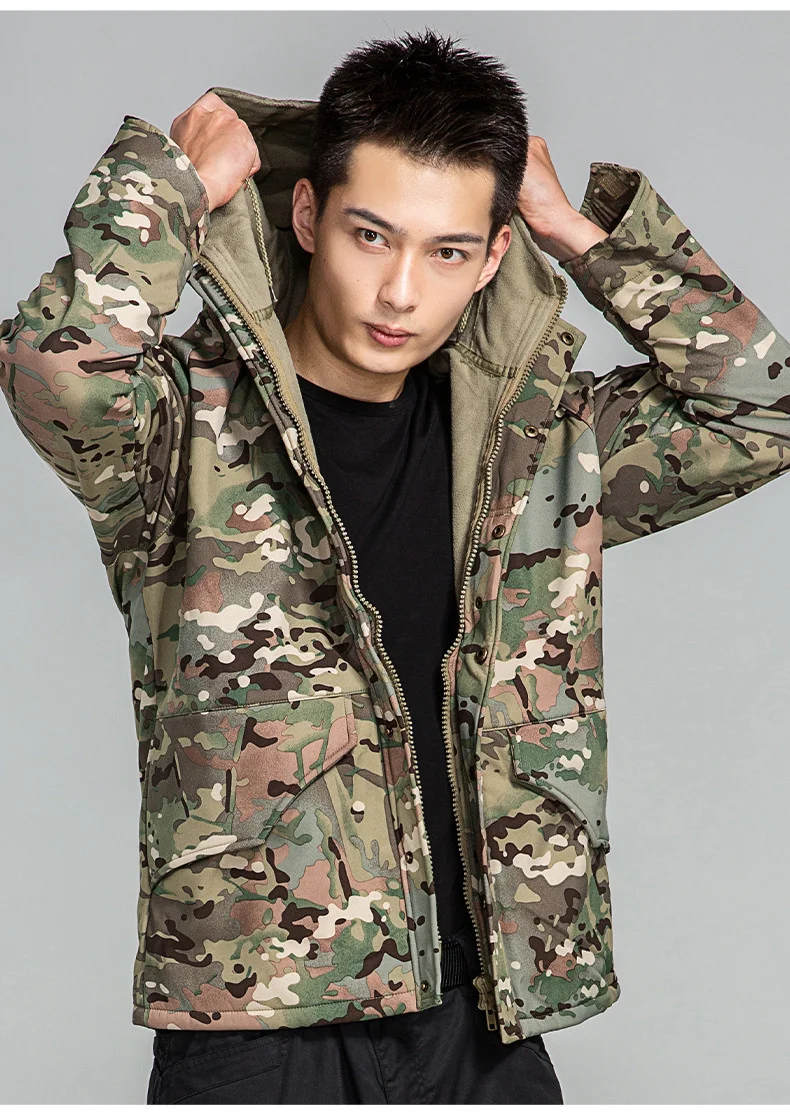 Men's Fleece Lined  Outdoor Hooded  Jacket Camouflage Waterproof Shark Skin G8 AssaultThick Warm Windbreaker Jacket for Male