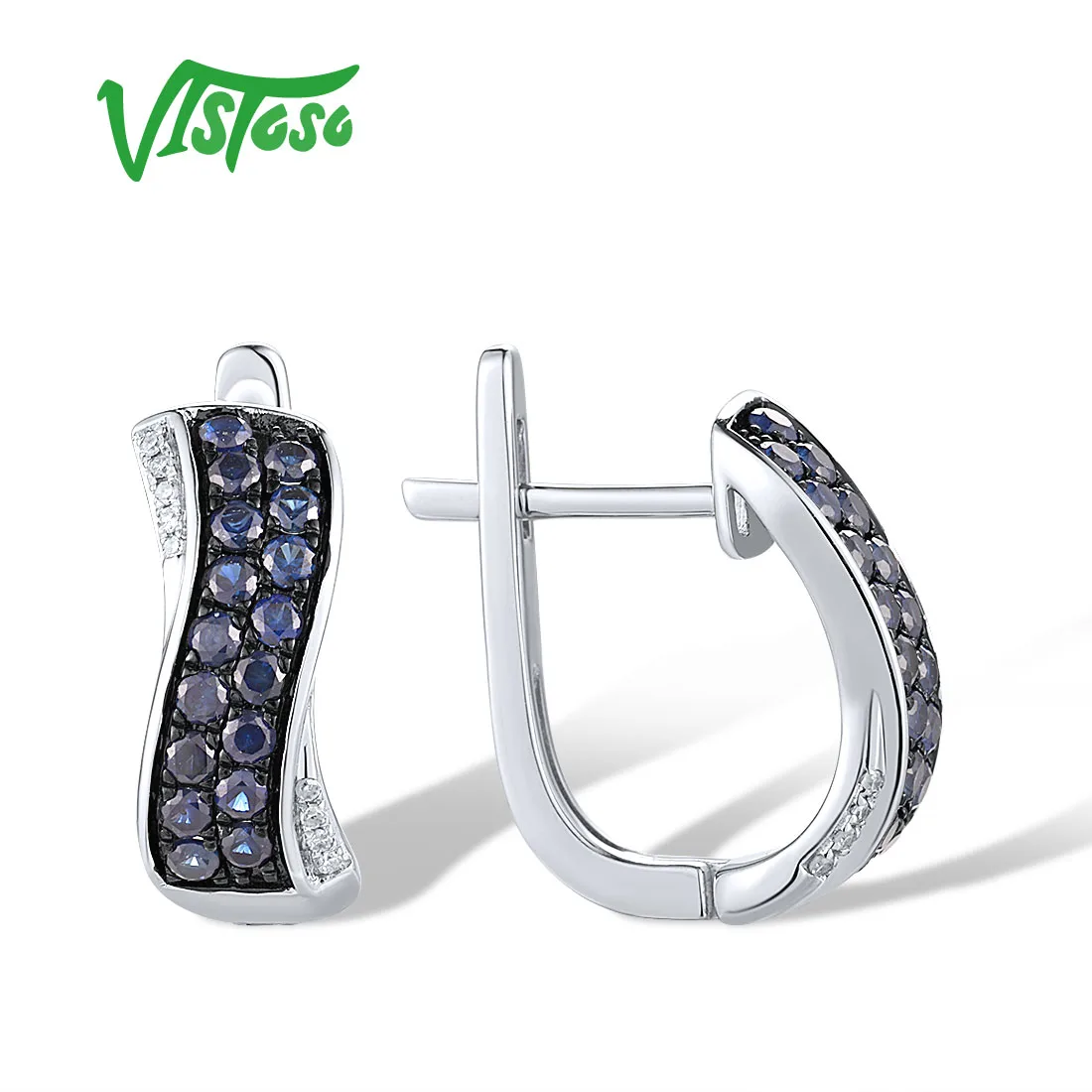 VISTOSO Real 14K 585 White Gold Clip Earrings For Women Sparkling Diamond Blue Sapphire Elegant Wedding Anniversary Fine Jewelry