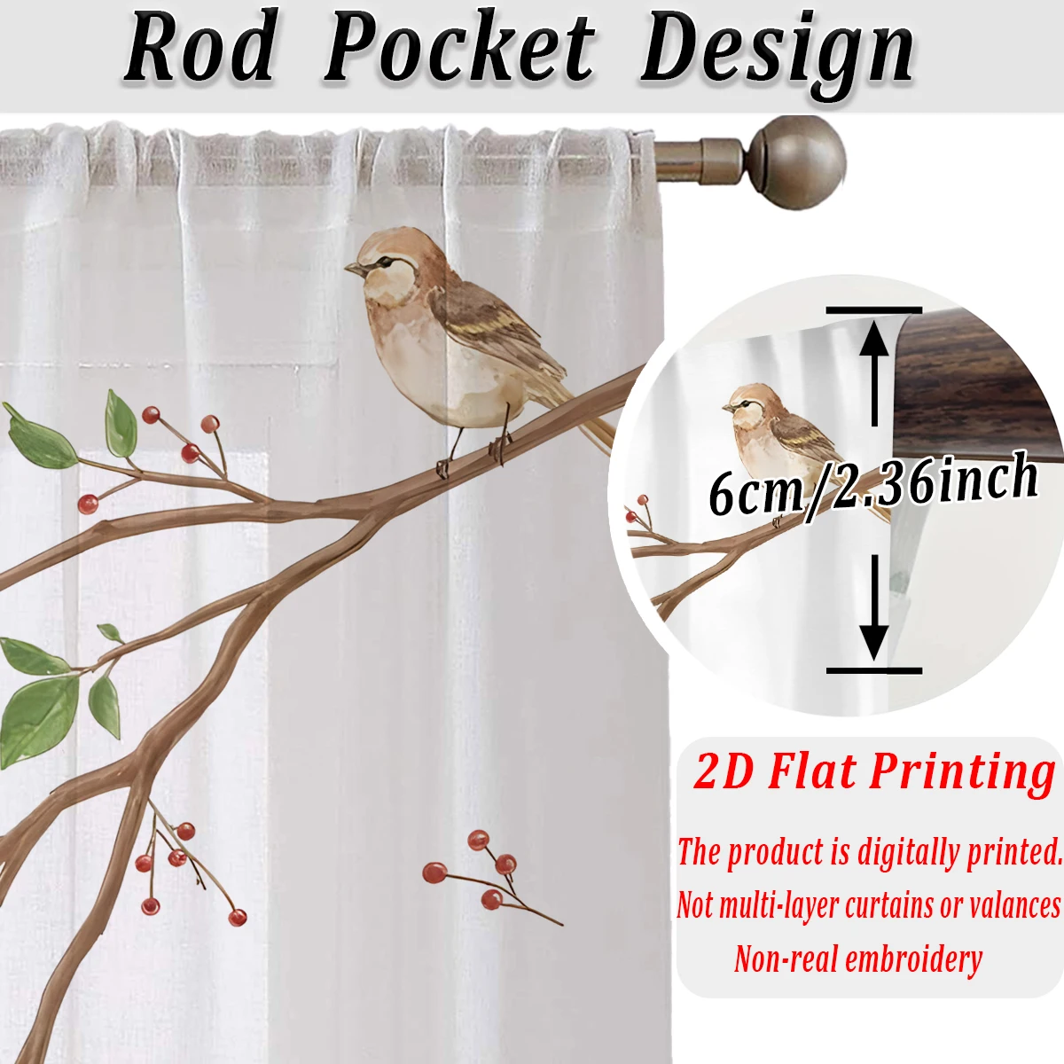 Branches Flying Birds Flat Printing Sheer Curtain，Light Fabric，for Living Room Bedroom Home Door and Window Decor - view 5