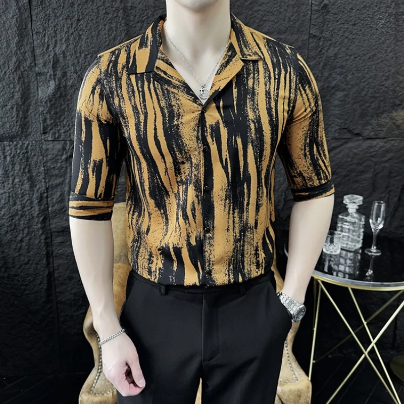 

Summer Korean Stripes Shirts Men Summer Half Sleeve Slim Casual Business Shirt Social Party Tuxedo Blouse Men Clothing