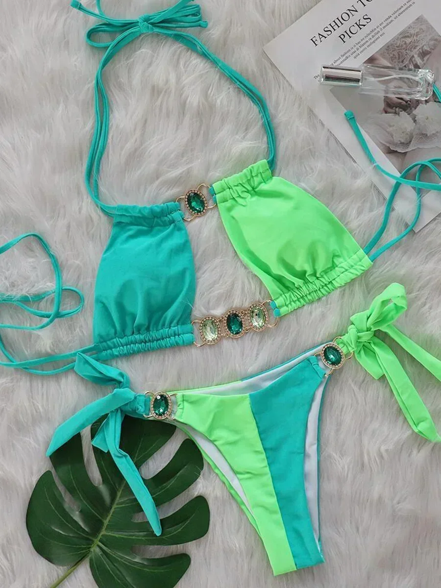 Splicing Halter Jewelled Diamond Bikini 2025 Women Swimsuit Female Swimwear Two Pieces Bikini Set Hollow Out Bathing Suit Swim