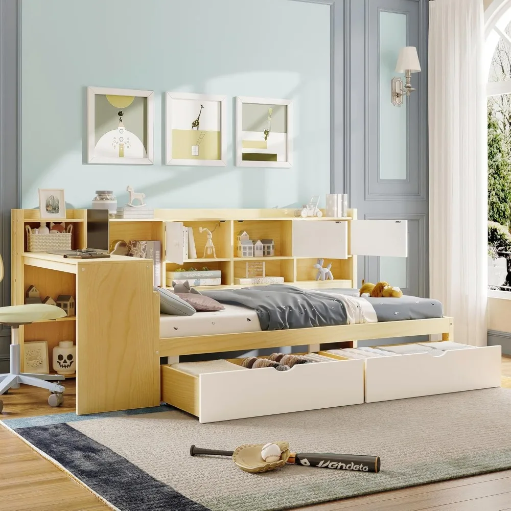 

"Twin Size Wooden L-Shape Daybed with Storage Cabinets and Drawers, Featuring a Study Desk and Integrated Bookshelf"