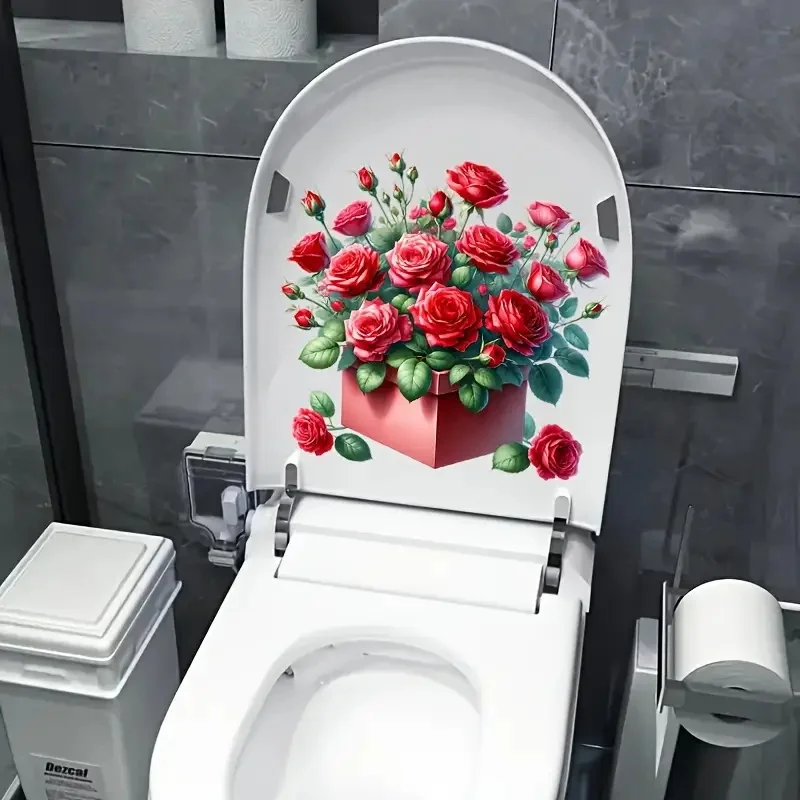 A Box of Red Roses Self-Adhesive Toilet Stickers,Wall Decal Removable, Reusable PVC Sticker for Toilet Lid, Bathroom Decor