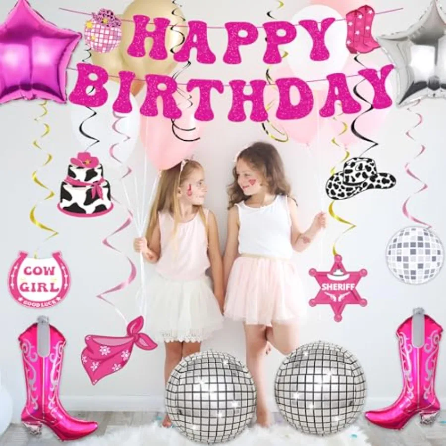 34 قطعة ديسكو راعية البقر حفلة عيد ميلاد زينة الغربية راعية البقر زينة الحفلات الوردي الساخن عيد ميلاد سعيد راية ديسكو راعية البقر B #5