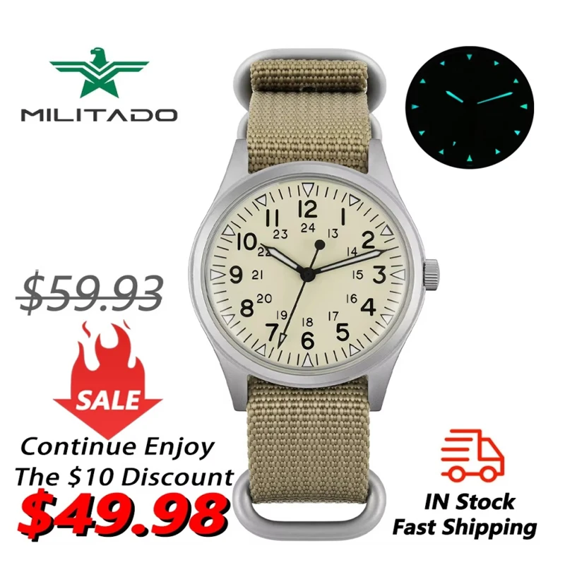 

Militado ML07 Винтажные кварцевые часы VH31 Наручные часы с механизмом Bubble Crystal с высоким прозрачным AR-покрытием Светящиеся часы 36 мм