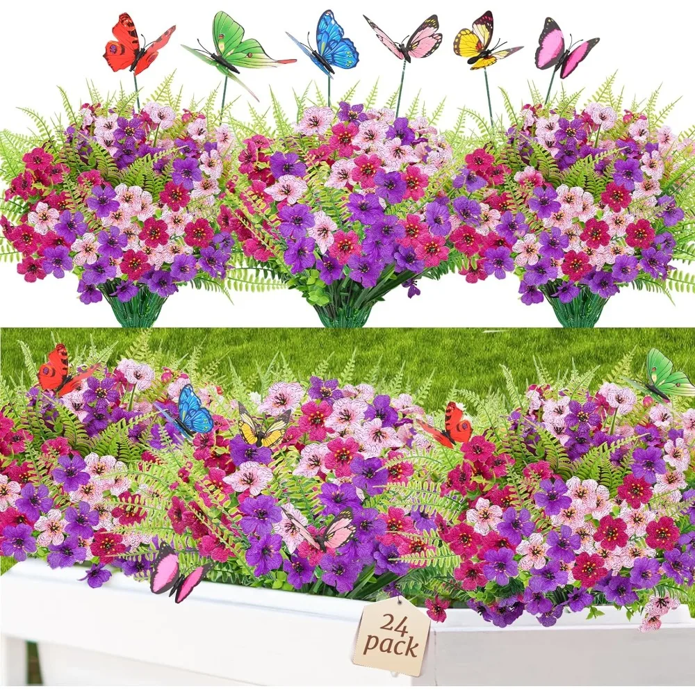 Yastouay 24 Bundles Artificial Flowers for Outdoors, UV Resistant Fake Outdoor Flowers No Fade Faux Outdoor Flowers Plants for G