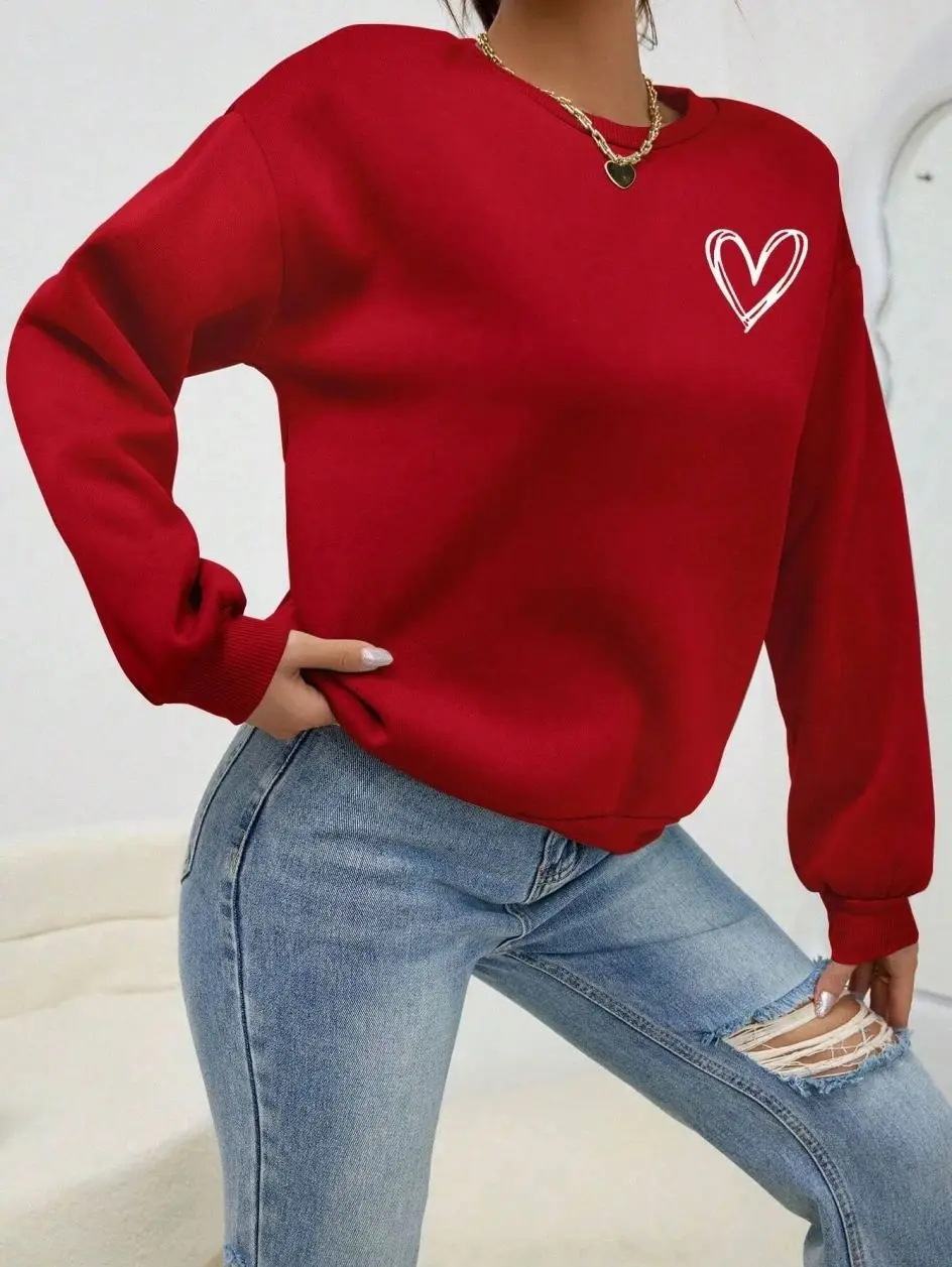 Simple Heart Pattern Women's Casual Sweatshirt Comfortable Polyester Material Fashionable Streetwear Style