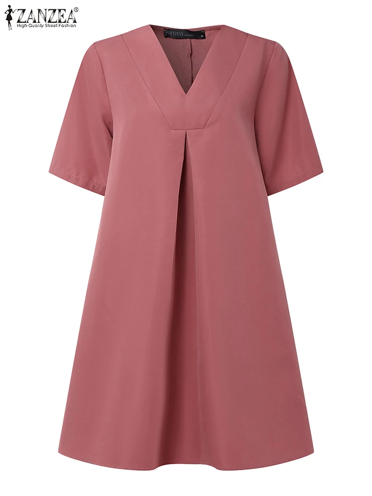 ZANZEA Frauen Sommer Mini Kleider Mode V-ausschnitt Kurzarm Solide Sommerkleid Casual Plissee Vestido Elegante Arbeit Kleider Oversize