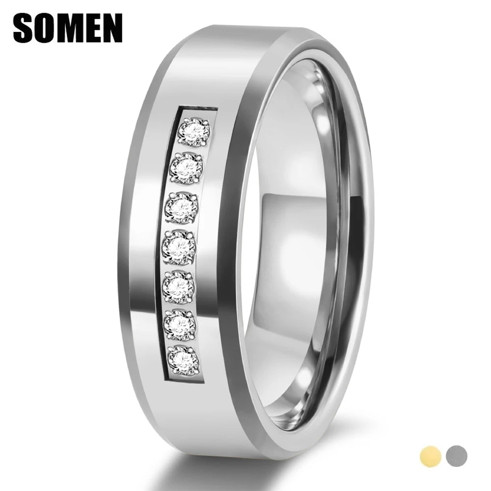 Somen 8mm Tungsten Wedding Bands Ring For Men Women Zirconia CZ Engagement Rings Couple Jewelry Anniversary Gift Comfort Fit