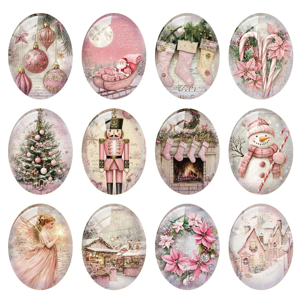 

10pcs/lot Pink Christmas X-mas Flower Snowman Angel Tree Bell Oval Photo Glass Cabochon Flatback Demo Cameo Diy Jewelry Making