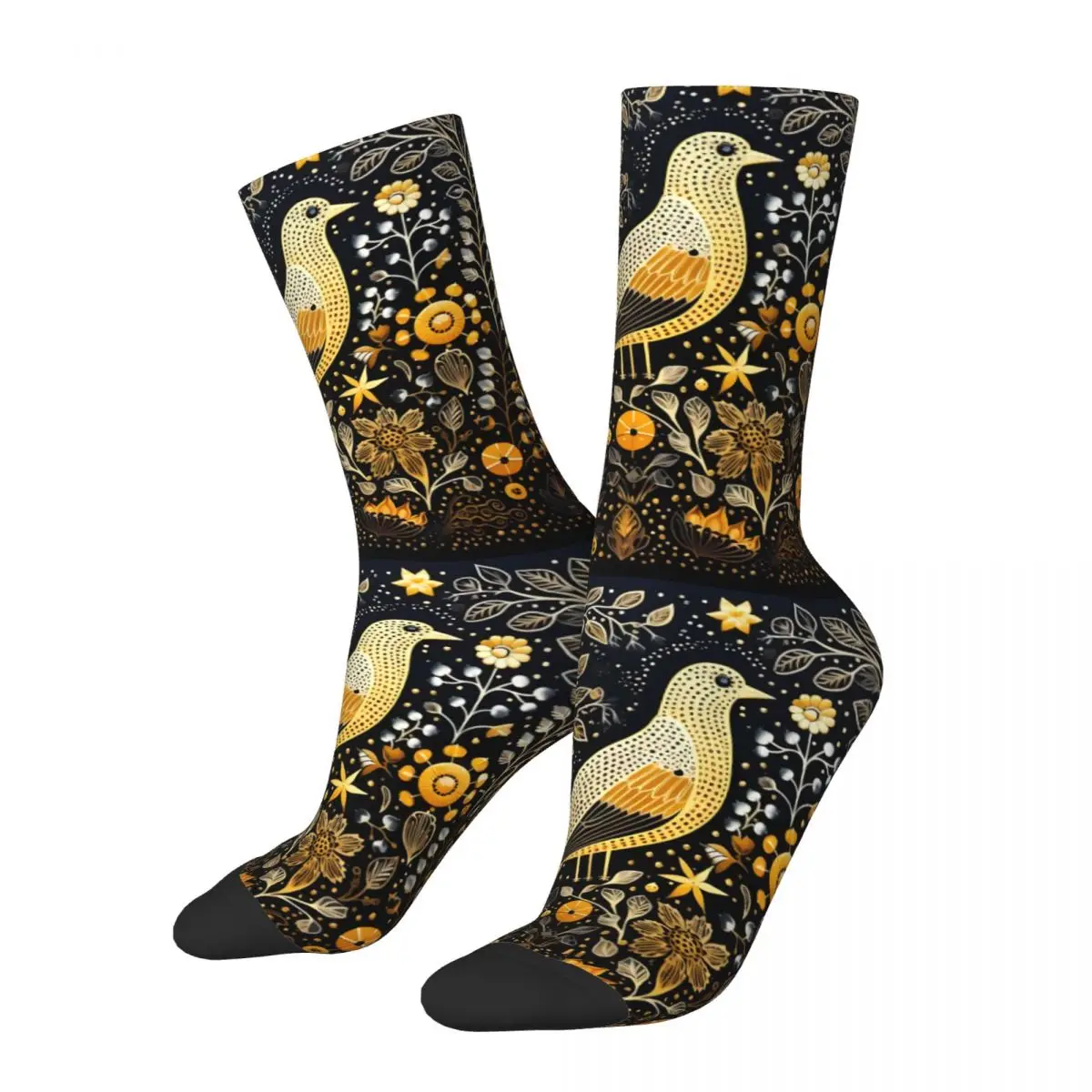 

Vintage Birds Yellow Men's Socks British Folk Hip Hop Pattern Printed Happy Crew Sock