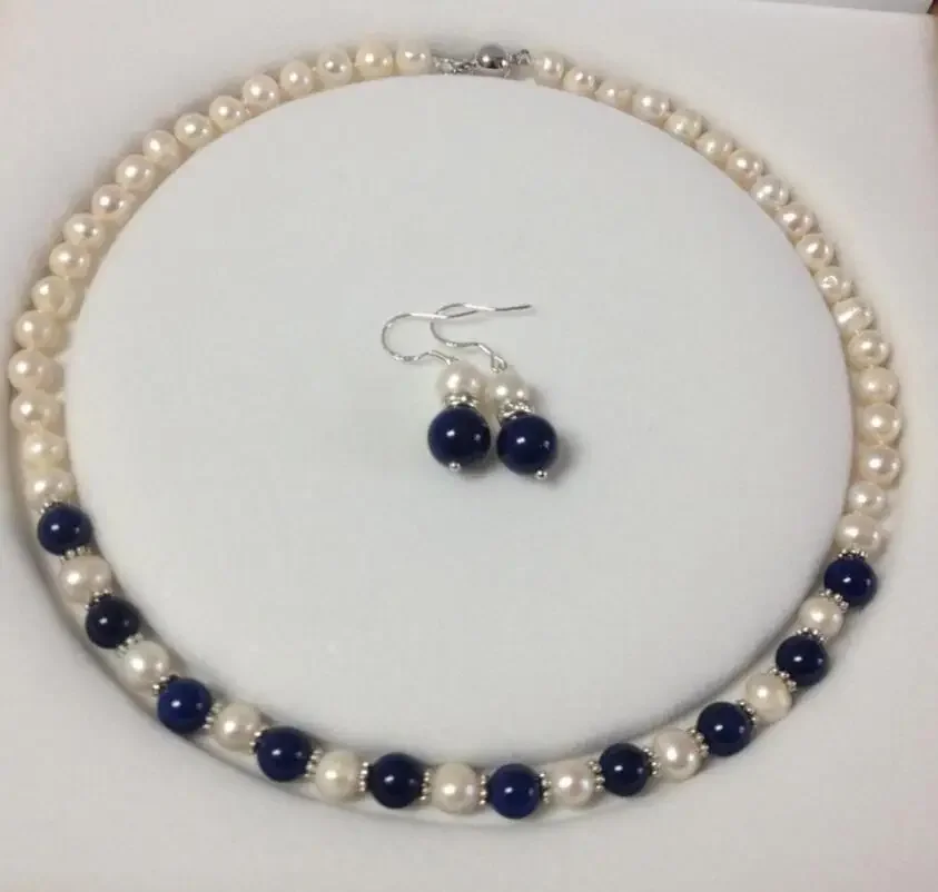 

Очаровательно! Комплект серег с ожерельем из белого культивированного жемчуга и синего лазурита Akoya