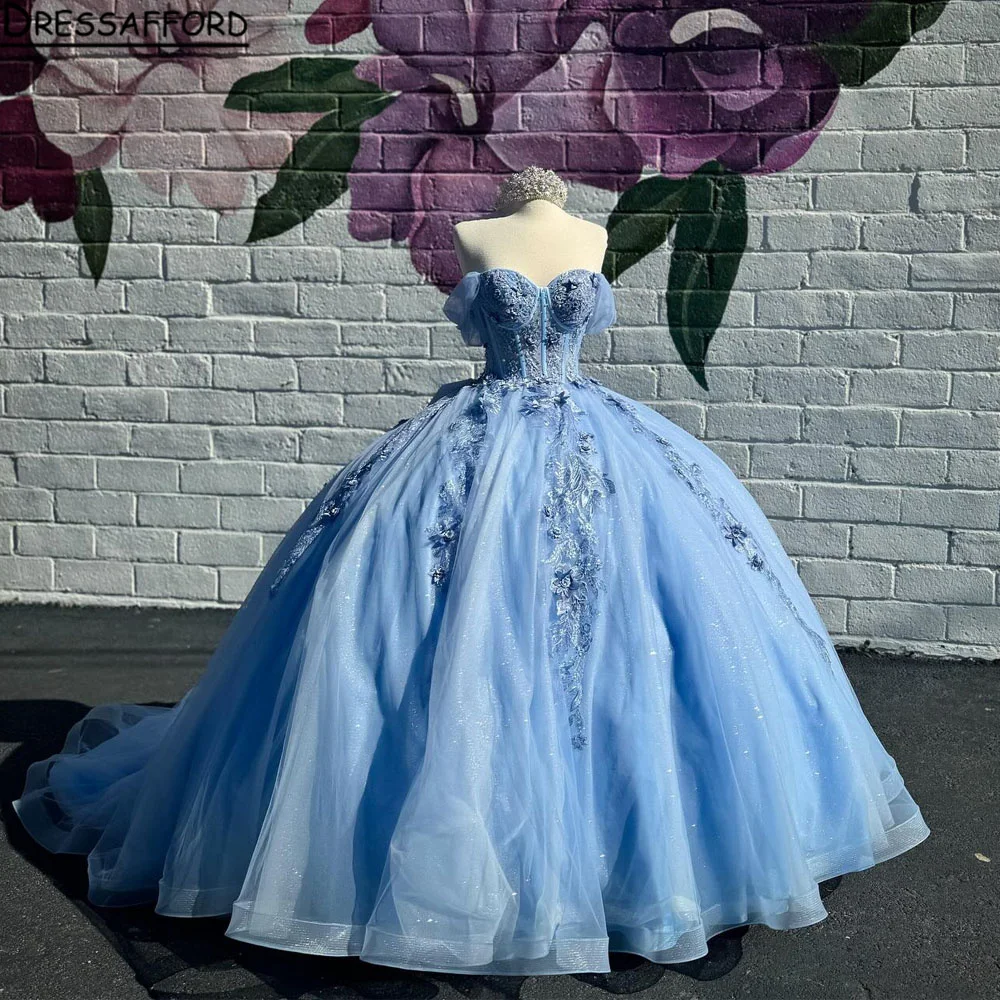 Vestido de quinceañera azul cielo, vestido de baile para niña dulce 16, apliques de cuentas, manga larga, fiesta de graduación, vestidos de princesa, 2024