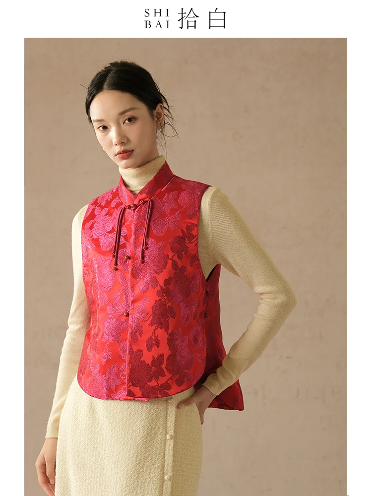 

ibai New Chinese Sle Vest Autumn Winter Original Wind Women's Pomeanate Red Improved Button Ele Top