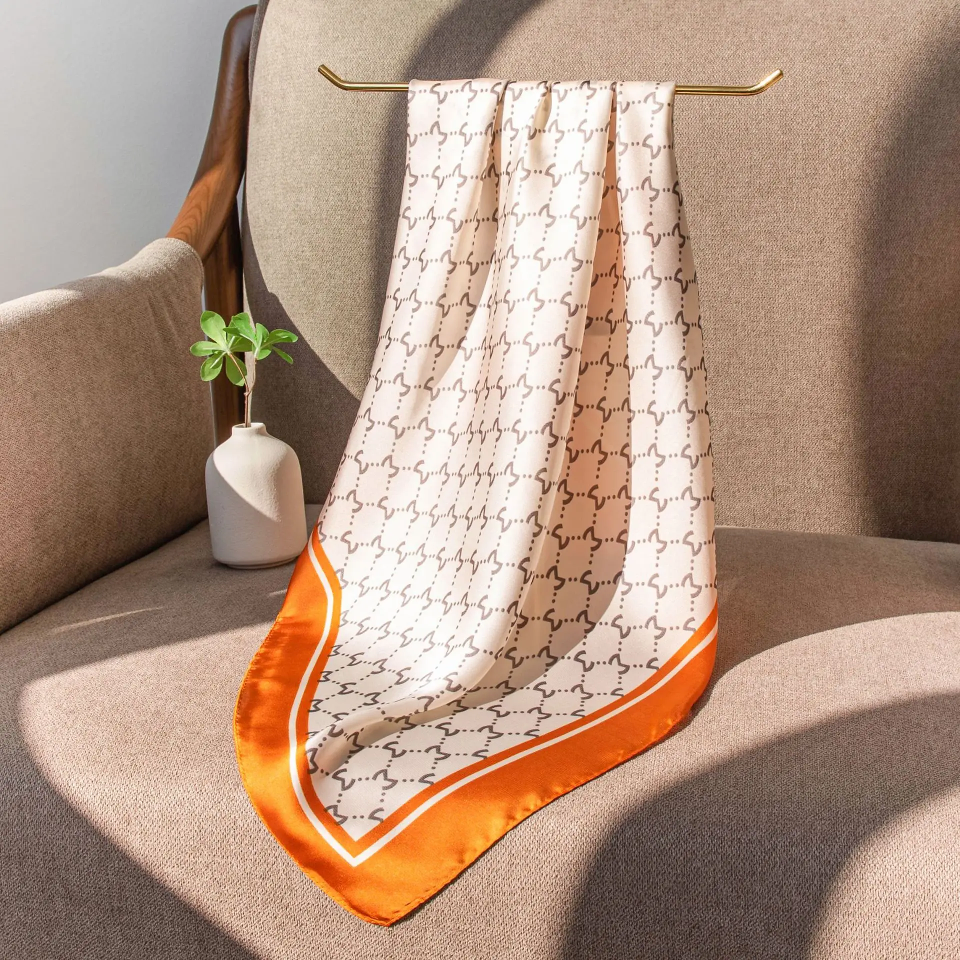New 70 Simulated Silk Square Scarf with Small Orange Edge, Fresh and Fashionable Versatile Scarf Neck Scarf Neck Protection