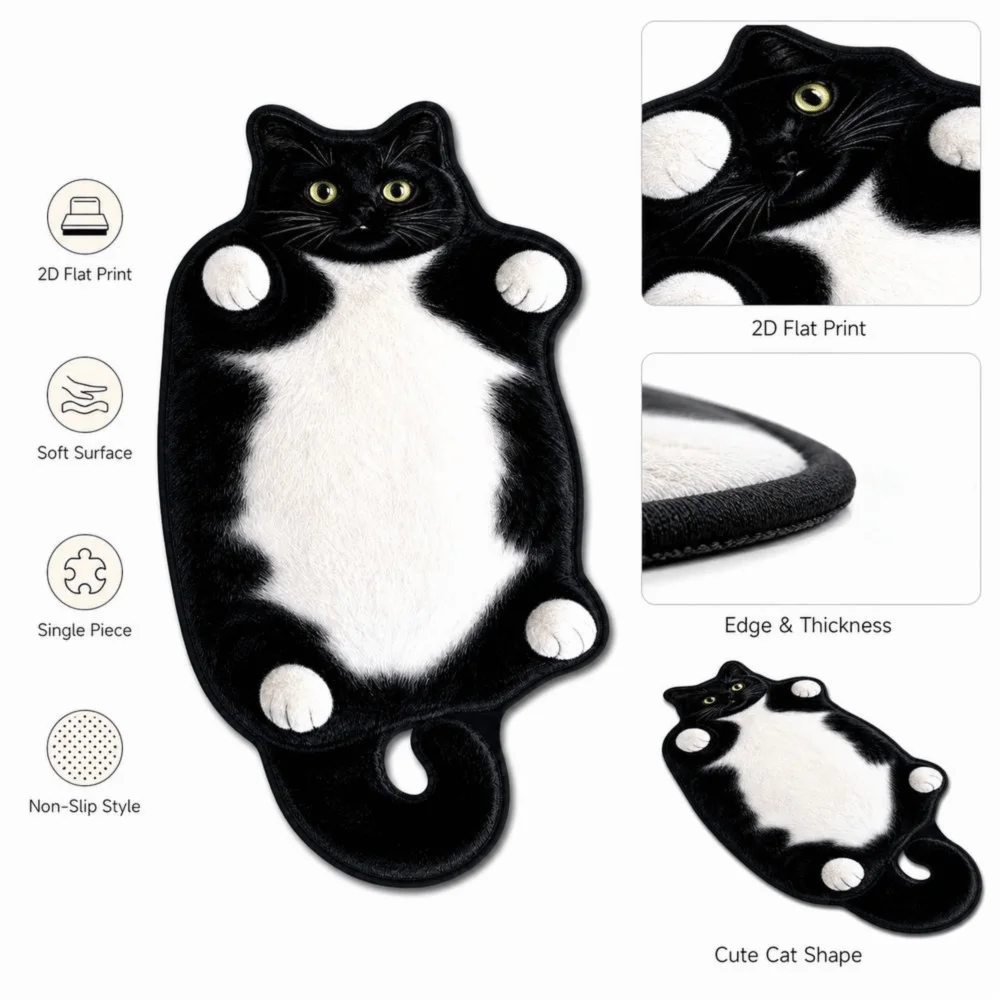 Special-shaped Cat Area Rug Soft Surface Non Slip Backing Cat Shaped Rug Absorbent Cat Pattern Cat Shaped Carpet