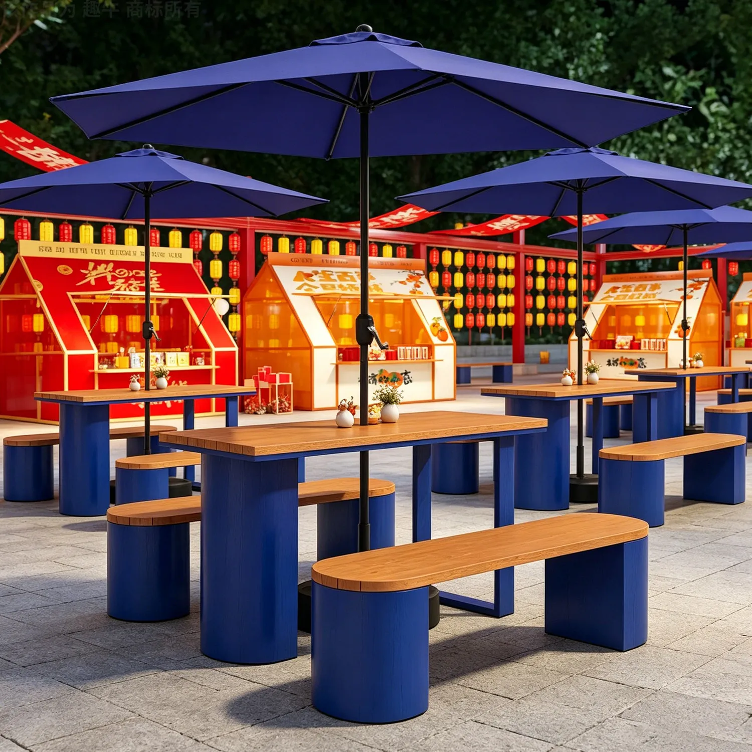 Outdoor one-piece leisure tables and chairs with parasols, milk tea shop, commercial street square, open-air commercial outdoor