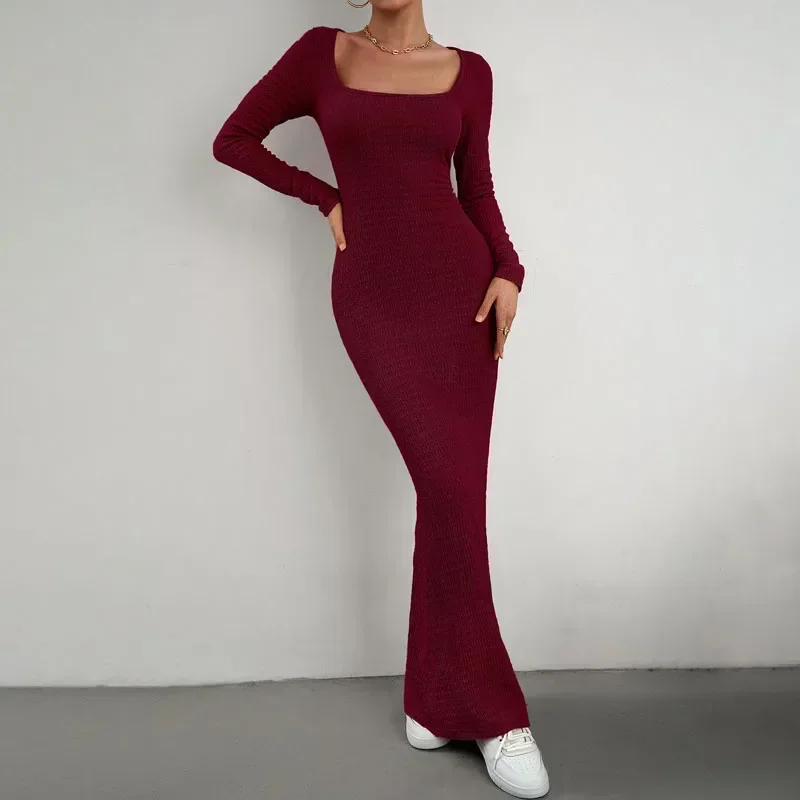 

2024 Fashion Sexy Slim Knitted Dress Women Elegant Long Sleeve Square Neck Dress Women Office-lady Solid Dresses Vestidos 30296