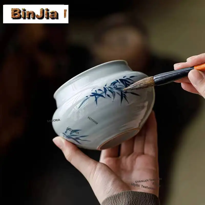 550ml Hand-painted Blue Bamboo Jianshui Washing Cup Bowl Tea Garbage Can Tea Dust Cylinder Barrel Chaxi Supplies Collection Gift