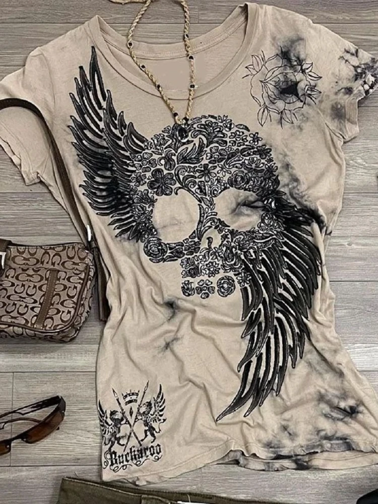 

HOUZHOU Gothic Vintage T-shirts Women Harajuku Y2k Grunge Print Tops American Retro Punk 2000s Summer Graphic T-shirt Streetwear