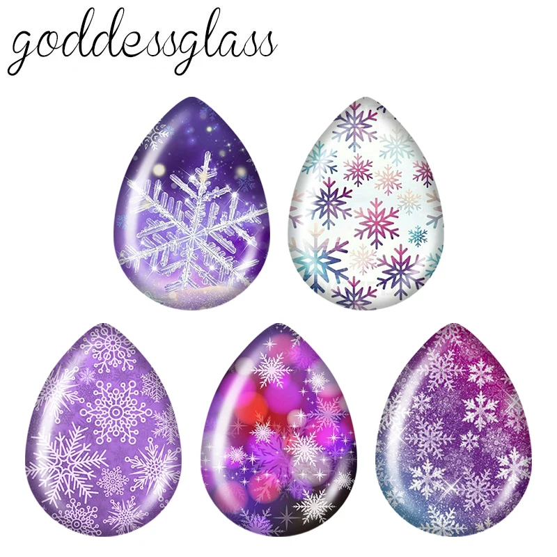 5pairs Blue Purple Snowflake Patterns Winter teardrop shape Photo Glass cabochon flat back For DIY Jewelry base Making Findings