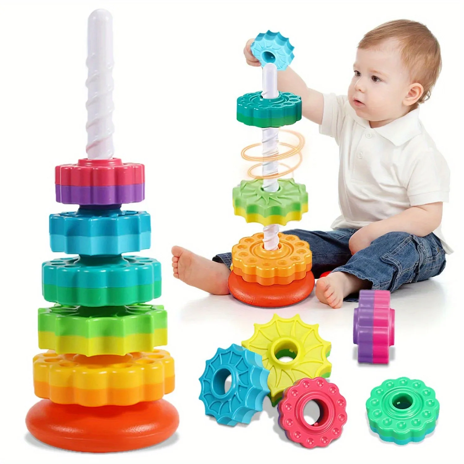Tour arc-en-ciel rotative, jouet de Puzzle avec 6 niveaux rotatifs colorés, jouet d'apprentissage pour tout-petits, blocs en plastique durables