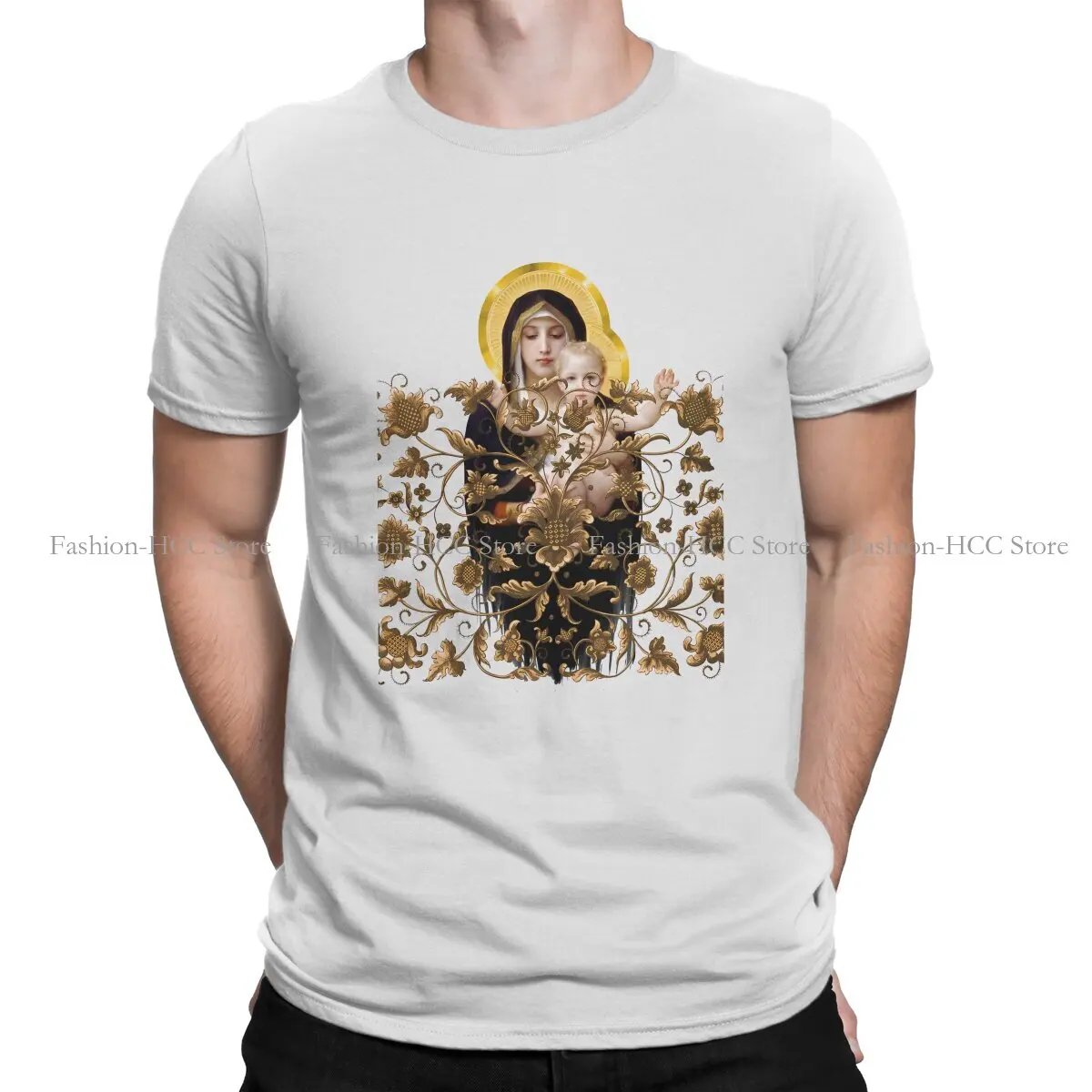 Gold Flowers Newest Polyester TShirts Virgin Mary Male Graphic Streetwear T Shirt Round Neck