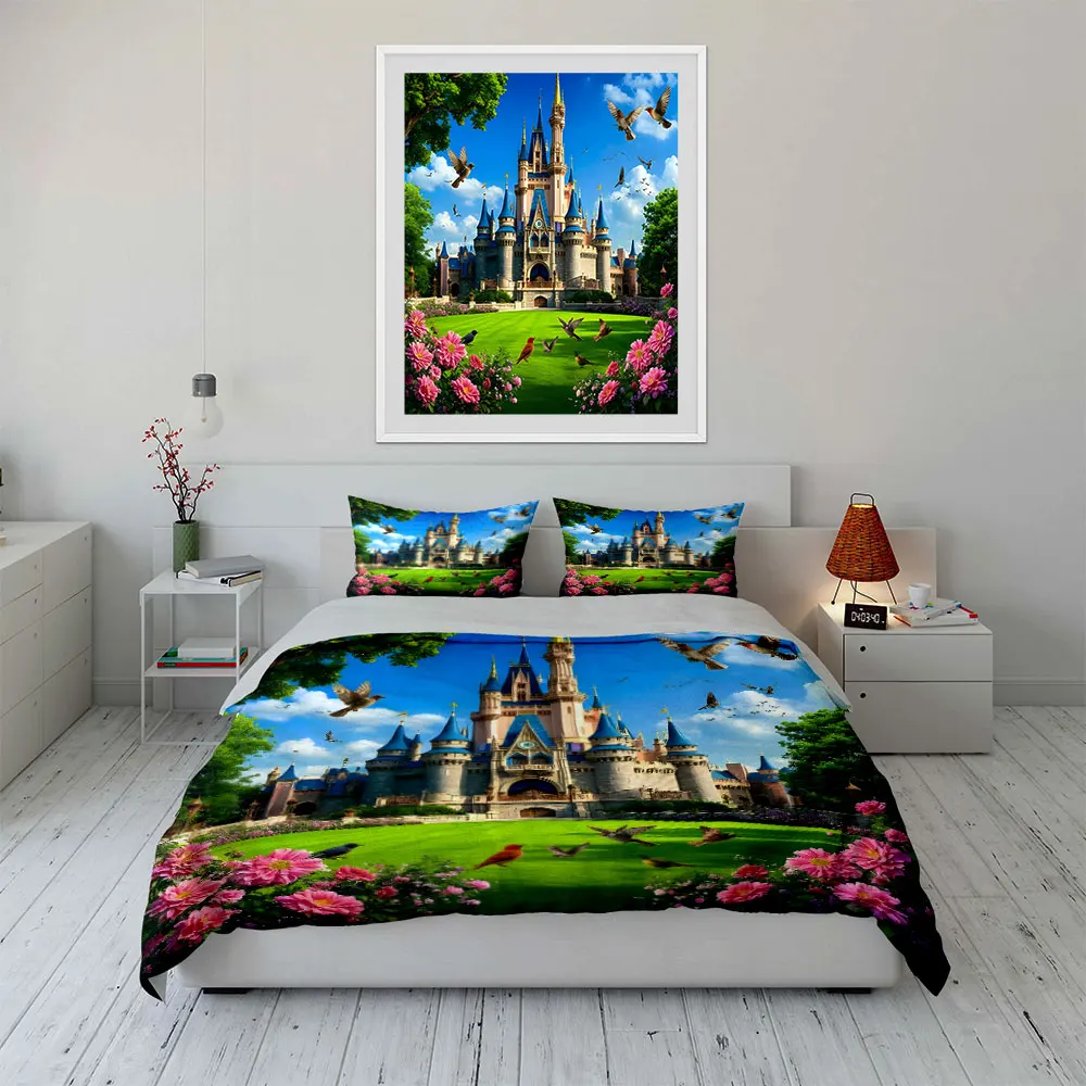 Fairytale Castle with Birds and Garden Bedding Set for Kids Luxury Gift 3pcs Digital Print Comforter Set Soft Comfortable