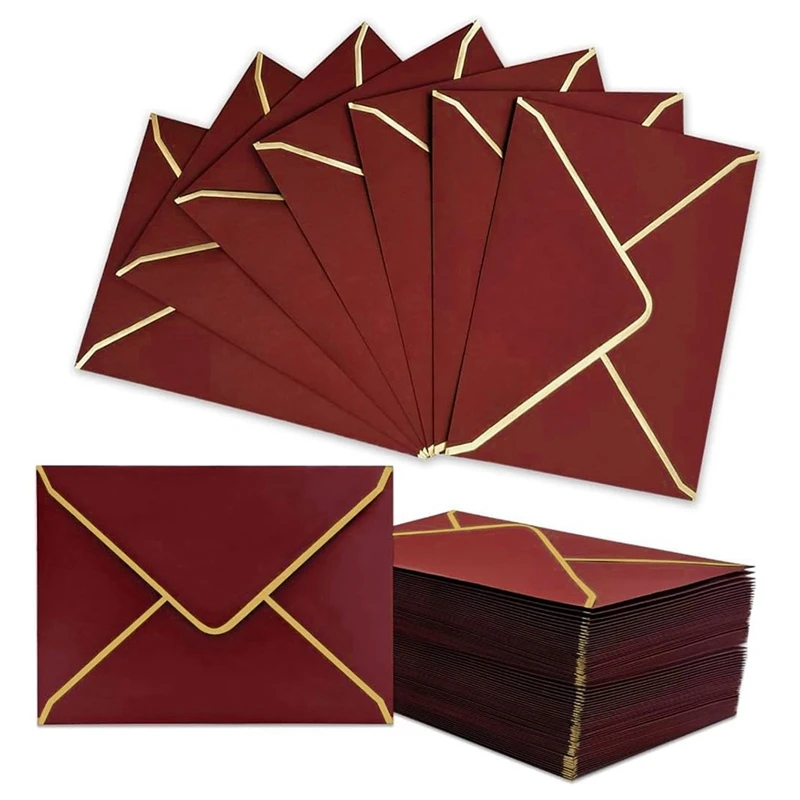 100 PCS A7 Burgundy Invitation Envelopes With Gold Border, 5X7 Inch, V-Flap, Quick Seal - Perfect For Special Occasions