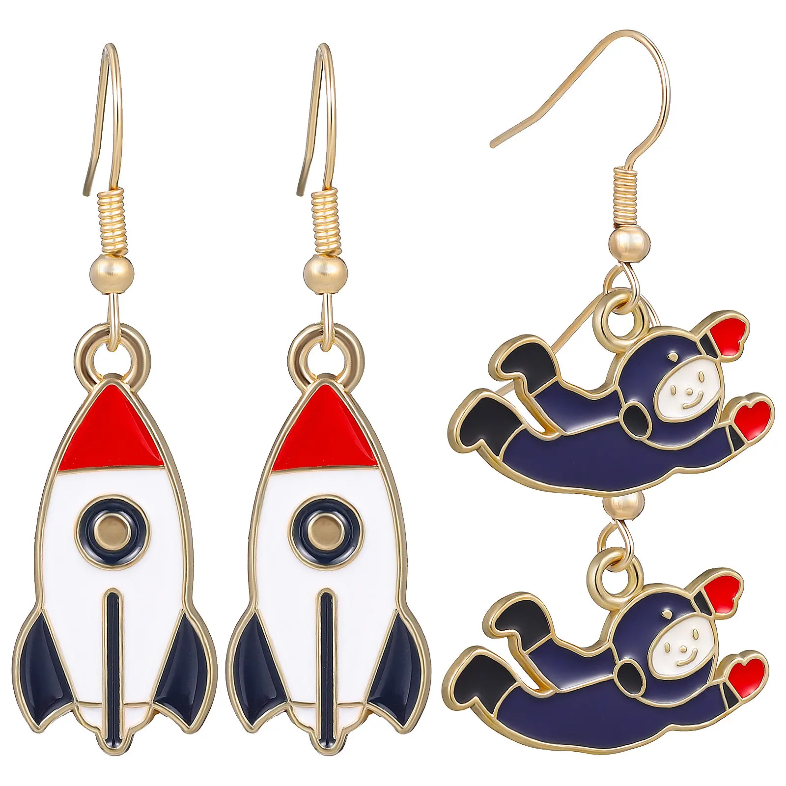 2Pairs Universal Ears Astronaut Earrings Rocket Ship Pendant Dangle Women Vintage Retro Lightweight Fashion