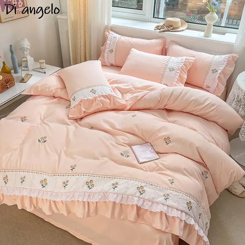 

Комплект постельного белья из розового кружева с вышивкой, комплект пододеяльников, постельное белье, плоский лист, наволочки, коллекция принцессы, свадебные подарки, #/L