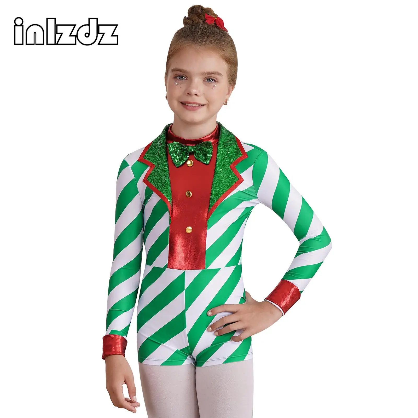 

Kids Girls Elf Christmas Dance Costume Striped Candy Cane Bodysuit Mrs Santa Jumpsuit Skating Unitard Ballet Gymnastics Leotard