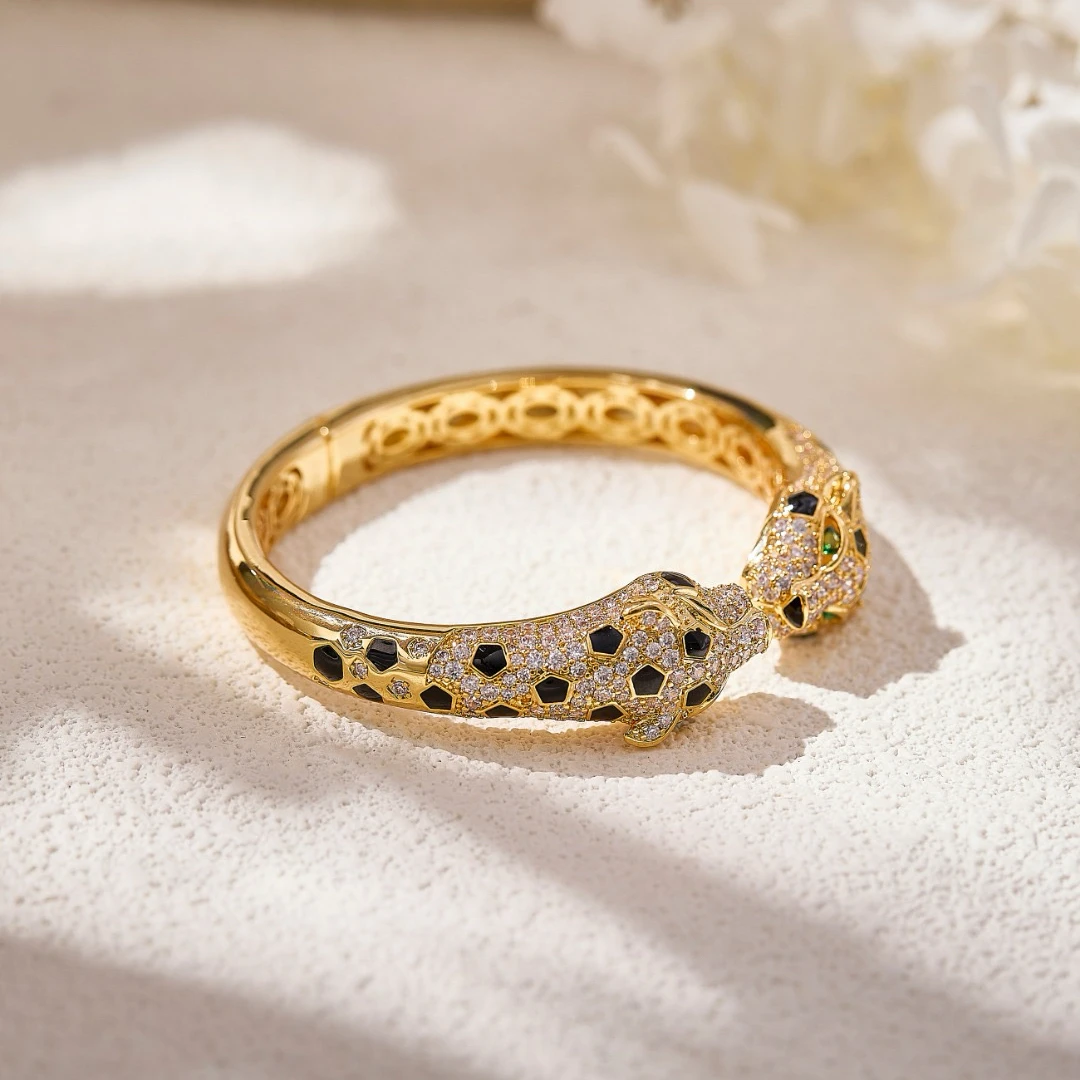 Eyer Luxury Fashion Jewelry Inlay AAA Cubic Zirconia Two-headed Leopard Necklace Bangle Jewelry Set For Women Wedding Party Gift