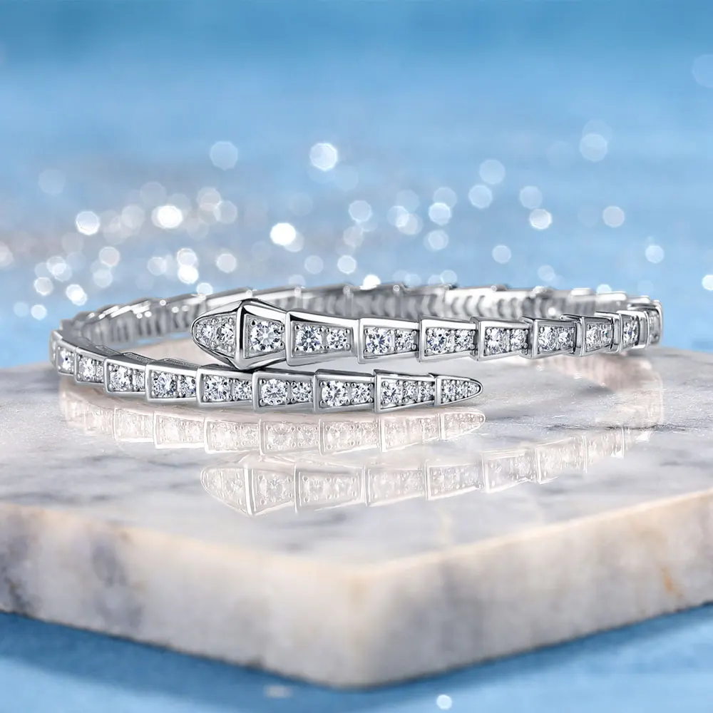 KANOLAN 3.4CTW Moissanite Snake Stretch Bangle S925 Sterling Silver Flexible Serpent Bracelets for Women Wedding Party Gift