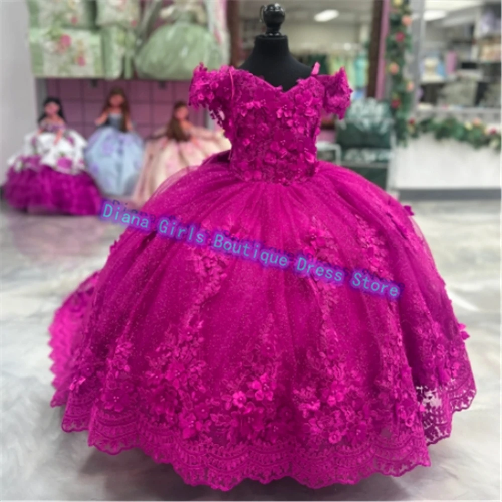 Elegant 3D Flowers Appliqué Flower Girls Dress for Wedding Tulle Fluffy Party Kids Girls Birthday Evening Gowns Customized