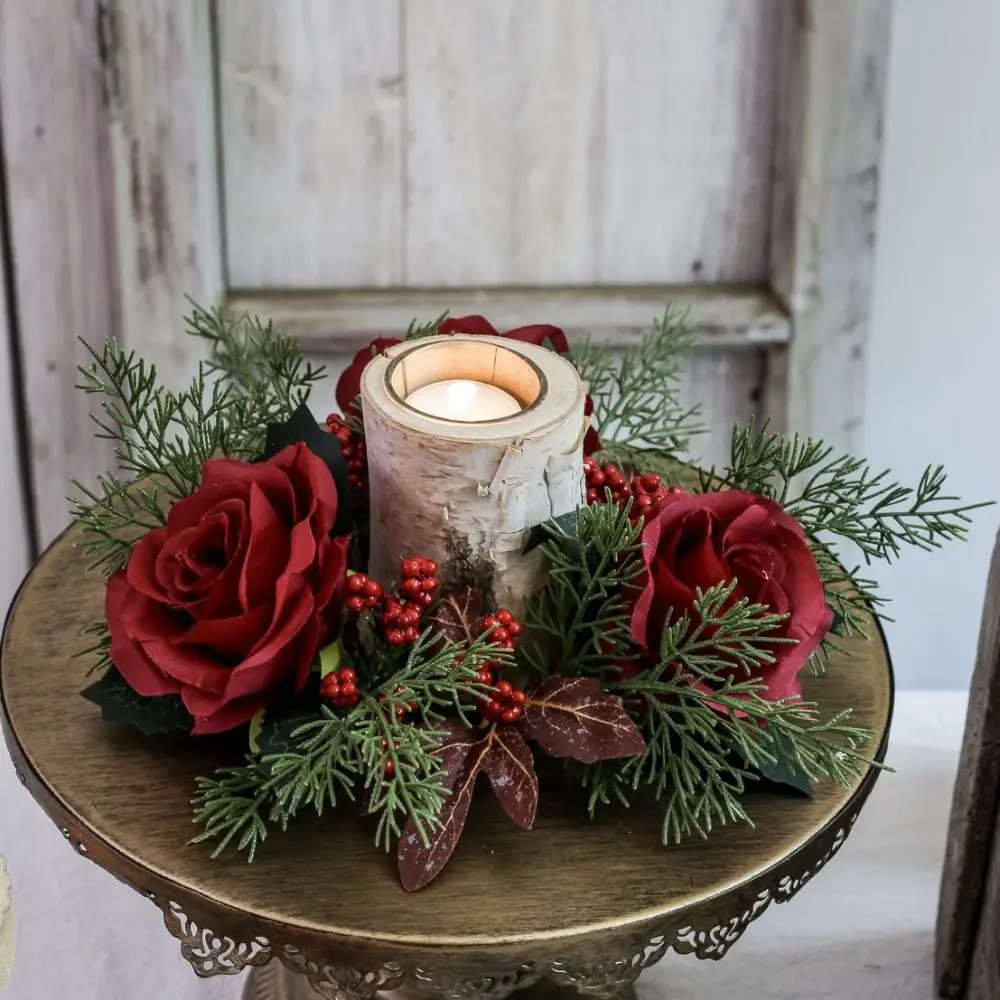 Artificial Flower Christmas Candle Wreath 30CM Red Rose Candle Rings Romantic Party Supplies Candlestick Wreath Christmas Decor